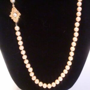Vintage Hand Knotted Cream Color Faux Glass Pearl Necklace Fancy Clasp